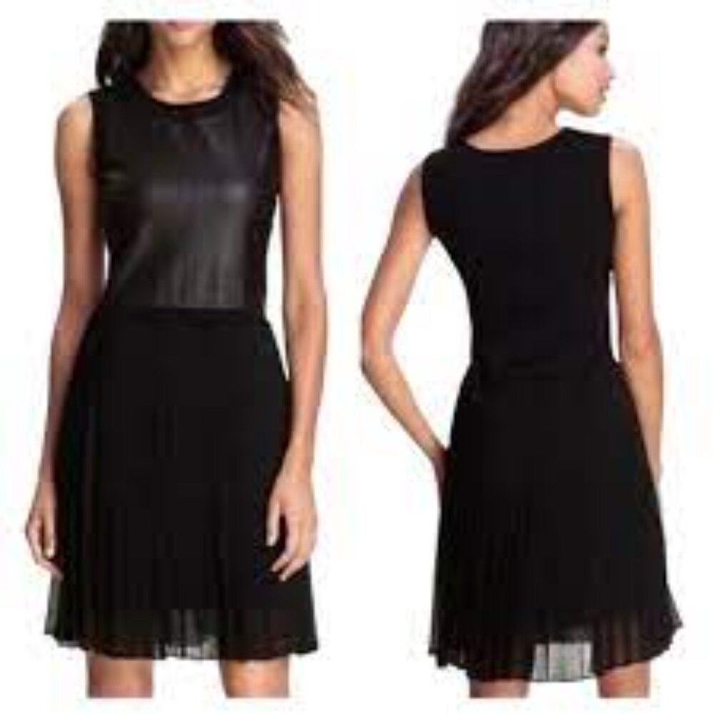 BCBGMAXAZRIA Cleo Faux Leather Chiffon Pleated Dress Sleeveless Black
